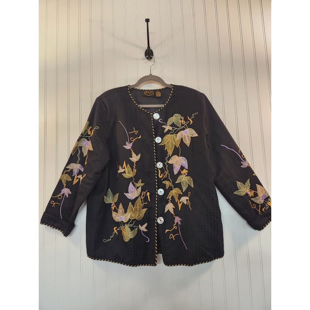 Julia Kim Women Embroidered Floral Jacket Black Gold Trim Oversize Button‎ Large